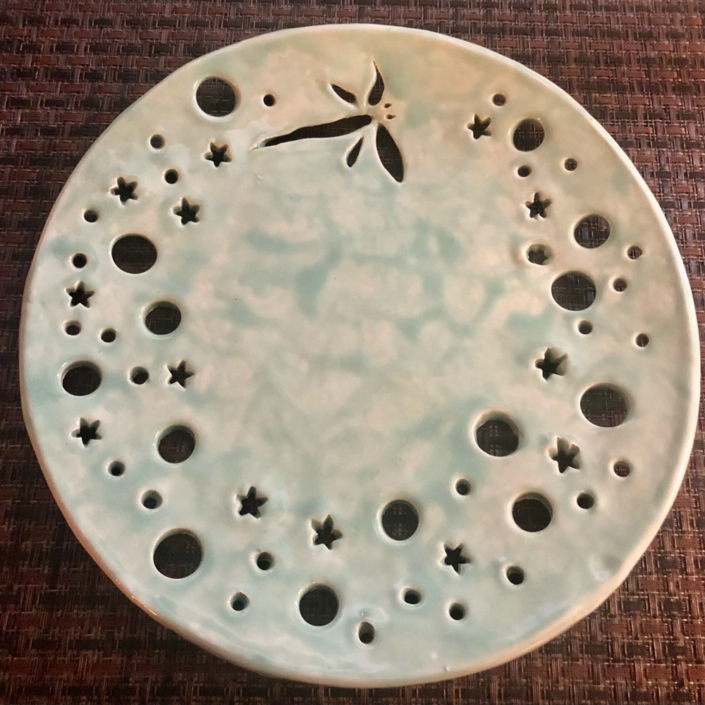Folk Art Dragonfly Hand Pierced Ceramic Plate ~ Sea Foam Green ~